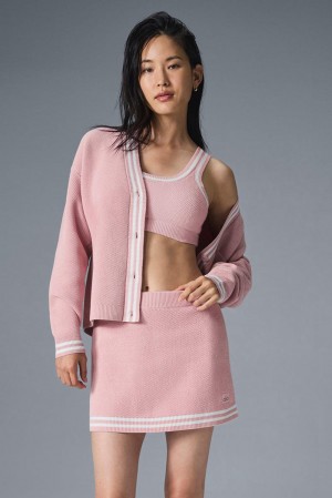 Cardigan γυναικεια Alo Yoga Tennis Club Sweater Knit ροζ ασπρα | Greece YPDBZ-2183