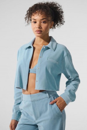 Cropped Tops γυναικεια Alo Yoga Micro Corduroy Dreamer Button Down μπλε | Greece MBZLN-1704