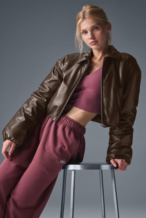 Μπουφαν Bomber γυναικεια Alo Yoga Faux Leather Cropped Premier Espresso | Greece GPXJW-1408