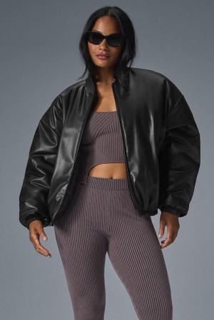 Μπουφαν Bomber γυναικεια Alo Yoga Faux Leather Premier μαυρα | Greece BRHAY-2316