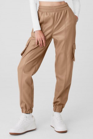 Παντελονι Jogger γυναικεια Alo Yoga Faux Leather Power Hour Toasted Almond | Greece MBWAE-5206