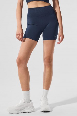 Σορτσ γυναικεια Alo Yoga 5" Seamless Ribbed Favorite σκουρο μπλε | Greece LVDIK-8436
