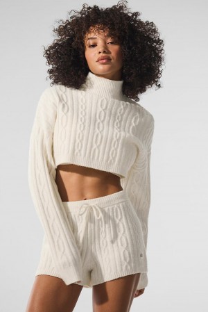 Μακρυμανικο γυναικεια Alo Yoga Cable Knit Cropped Winter Bliss Turtleneck Ivory | Greece ZDKNF-8394