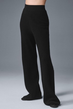 Παντελονι γυναικεια Alo Yoga Cashmere High-Waist Plush Waffle μαυρα | Greece TWNDE-8190