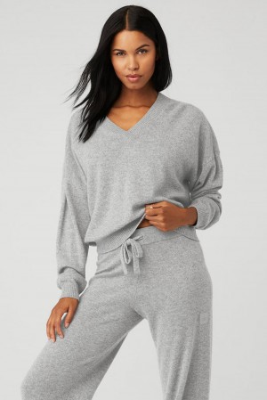 Φουτερ γυναικεια Alo Yoga Cashmere Jet Set V-Neck γκρι | Greece OLDXN-1802