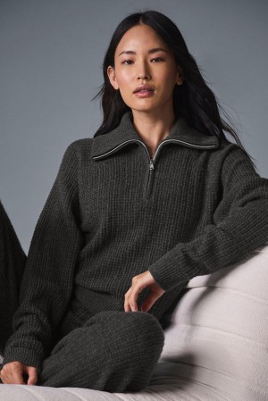 Φουτερ γυναικεια Alo Yoga Cashmere Plush Waffle 1/4 Zip σκούρο γκρι | Greece GRHTE-2783