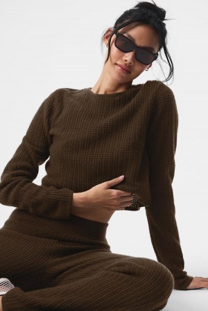Μακρυμανικο γυναικεια Alo Yoga Cashmere Plush Waffle Cropped Espresso | Greece RXJZB-6273