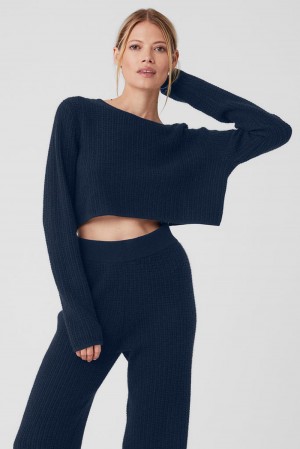 Μακρυμανικο γυναικεια Alo Yoga Cashmere Plush Waffle Cropped σκουρο μπλε | Greece TNVRO-5740