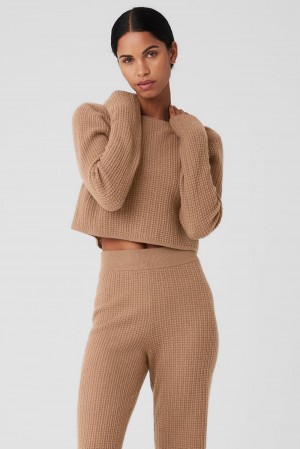 Μακρυμανικο γυναικεια Alo Yoga Cashmere Plush Waffle Cropped Toasted Almond | Greece IBYOX-8692