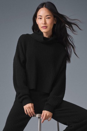 Φουτερ γυναικεια Alo Yoga Cashmere Plush Waffle Turtleneck μαυρα | Greece VHRGW-8741