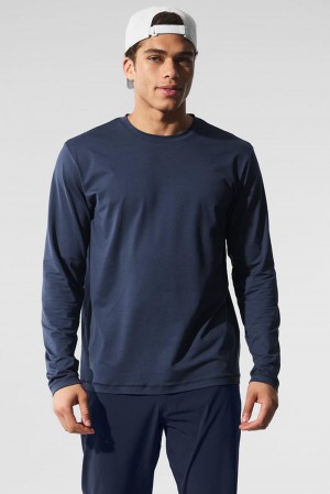 Μακρυμανικο ανδρικα Alo Yoga Conquer Reform Crewneck σκουρο μπλε | Greece WUXIA-8269