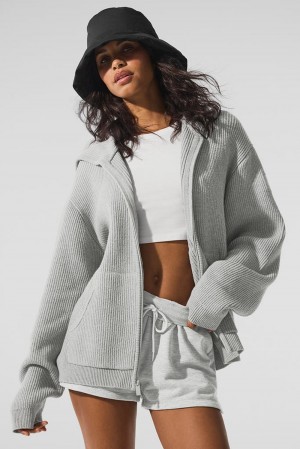 Πουλόβερ γυναικεια Alo Yoga Domain Rib Knit Full Zip γκρι | Greece YUZKV-2076