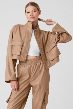 Μπουφαν γυναικεια Alo Yoga Faux Leather Power Hour Toasted Almond | Greece HRICO-4316