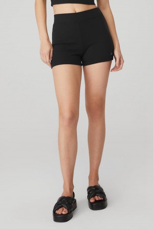 Σορτσ γυναικεια Alo Yoga Goddess Ribbed High-Waist Hot μαυρα | Greece RZMJU-4938