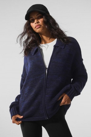 Πουλόβερ γυναικεια Alo Yoga Heritage Full Zip σκουρο μπλε | Greece TGXFH-5768