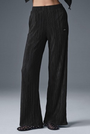 Παντελονι γυναικεια Alo Yoga High-Waist Micro Plisse Straight Leg μαυρα | Greece AWDQK-8937