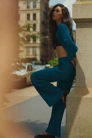 Παντελονι γυναικεια Alo Yoga High-Waist Micro Plisse Straight Leg μπλε | Greece VMQSZ-4127