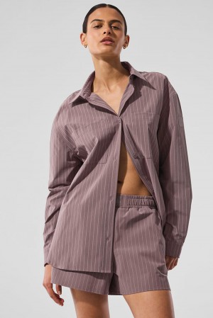 Μακρυμανικο γυναικεια Alo Yoga Pinstripe Daylight Button Down Mushroom / Ivory | Greece KXAHG-8397