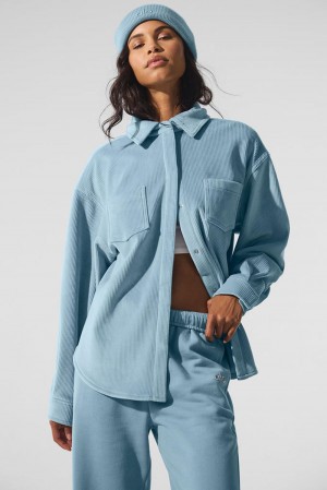 Μπουφαν γυναικεια Alo Yoga Ribbed Velour Mountain Side Shacket μπλε | Greece BPIZM-1592