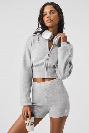 Μπουφαν γυναικεια Alo Yoga Scholar Knit Cropped Full Zip γκρι | Greece RLYAJ-4873