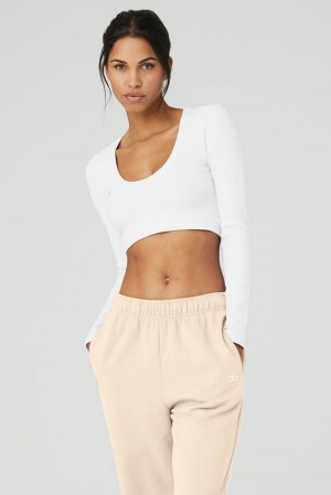 Μακρυμανικο γυναικεια Alo Yoga Seamless Ribbed Cropped Serene ασπρα | Greece KYRNZ-2906