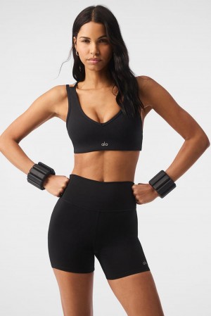 Αθλητικο Σουτιεν γυναικεια Alo Yoga Airlift Ribbed Jump Start V-Neck μαυρα | Greece NQLMZ-3875