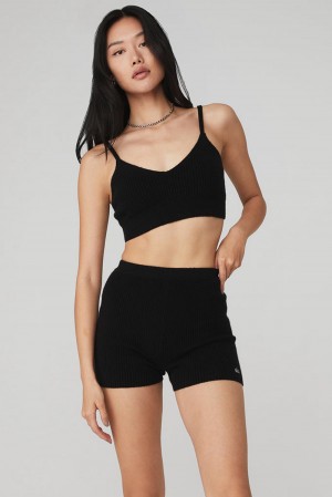 Αθλητικο Σουτιεν γυναικεια Alo Yoga Cashmere Ribbed Staycation μαυρα | Greece EJARF-4317