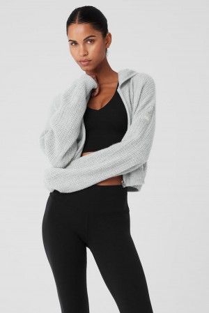 Φουτερ με Κουκουλα γυναικεια Alo Yoga Cashmere Plush Waffle Full Zip γκρι | Greece TZSYD-0961