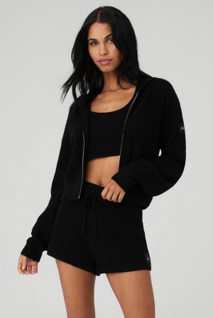 Φουτερ με Κουκουλα γυναικεια Alo Yoga Cashmere Plush Waffle Full Zip μαυρα | Greece FEHSY-2431