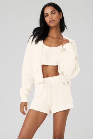 Φουτερ με Κουκουλα γυναικεια Alo Yoga Cashmere Plush Waffle Full Zip Ivory | Greece VQKWJ-1836