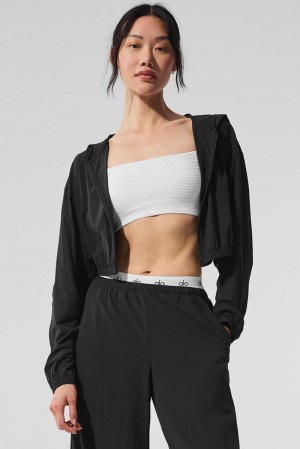 Φουτερ με Κουκουλα γυναικεια Alo Yoga Cropped Breezy Full-Zip μαυρα | Greece RDGZL-0423