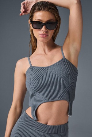 φανελακια για τρεξιμο γυναικεια Alo Yoga Denim Knit Garter γκρι | Greece IOGDH-2561