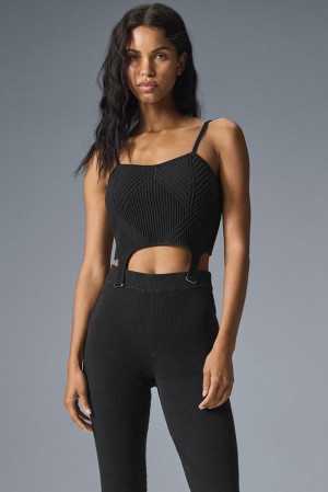 φανελακια για τρεξιμο γυναικεια Alo Yoga Denim Knit Garter μαυρα | Greece ZKYDB-8175