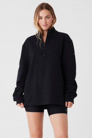 Φουτερ με Κουκουλα γυναικεια Alo Yoga Renown Heavy Weight 1/4 Zip μαυρα | Greece SLYEU-2174