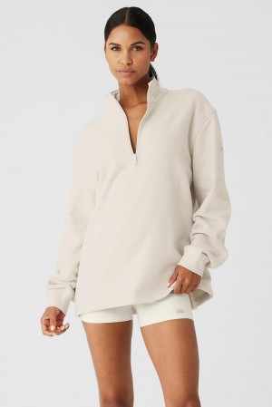 Φουτερ με Κουκουλα γυναικεια Alo Yoga Renown Heavy Weight 1/4 Zip Bone | Greece YUMJT-5279