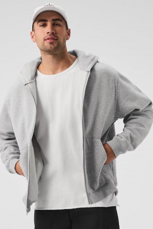 Φουτερ με Κουκουλα ανδρικα Alo Yoga Renown Heavy Weight Full Zip γκρι | Greece ZFGYL-7261