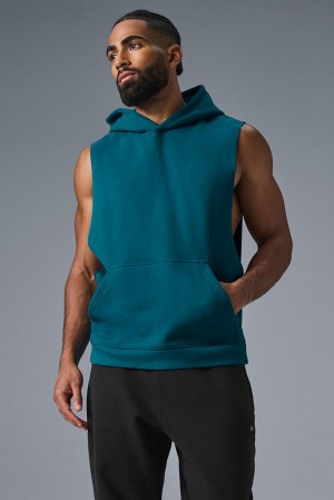 Φουτερ με Κουκουλα ανδρικα Alo Yoga Renown Sleeveless Oceanic Teal | Greece IQLVS-8572