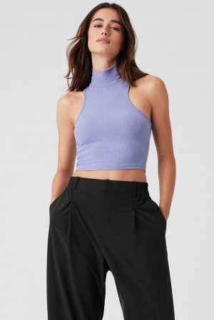 φανελακια για τρεξιμο γυναικεια Alo Yoga Ribbed Sea Coast Cropped Turtleneck μπλε | Greece YUGCM-9175