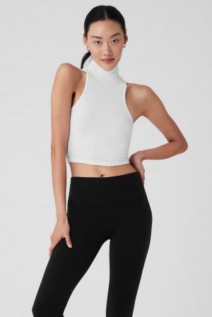 φανελακια για τρεξιμο γυναικεια Alo Yoga Ribbed Sea Coast Cropped Turtleneck ασπρα | Greece YMRVN-7026