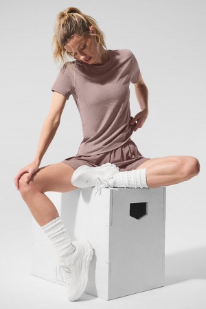 μπλουζακια για τρεξιμο γυναικεια Alo Yoga Ribbed Sea Coast Mushroom Heather | Greece LSHTZ-9813