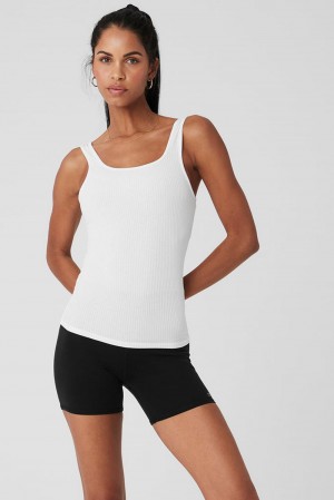φανελακια για τρεξιμο γυναικεια Alo Yoga Ribbed Sea Coast Scoop Neck ασπρα | Greece SOMCL-7395