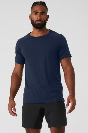 μπλουζακια για τρεξιμο ανδρικα Alo Yoga Triumph Raglan σκουρο μπλε | Greece DXHLW-5308