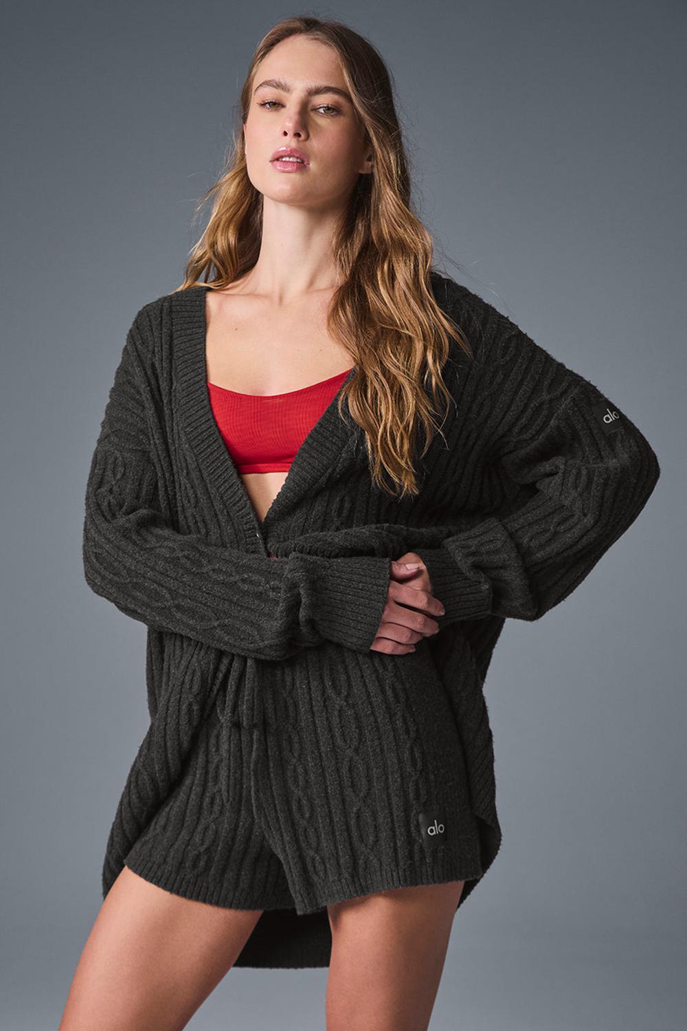 Cardigan γυναικεια Alo Yoga Cable Knit Winter Bliss σκούρο γκρι | Greece  BUQZL-8153