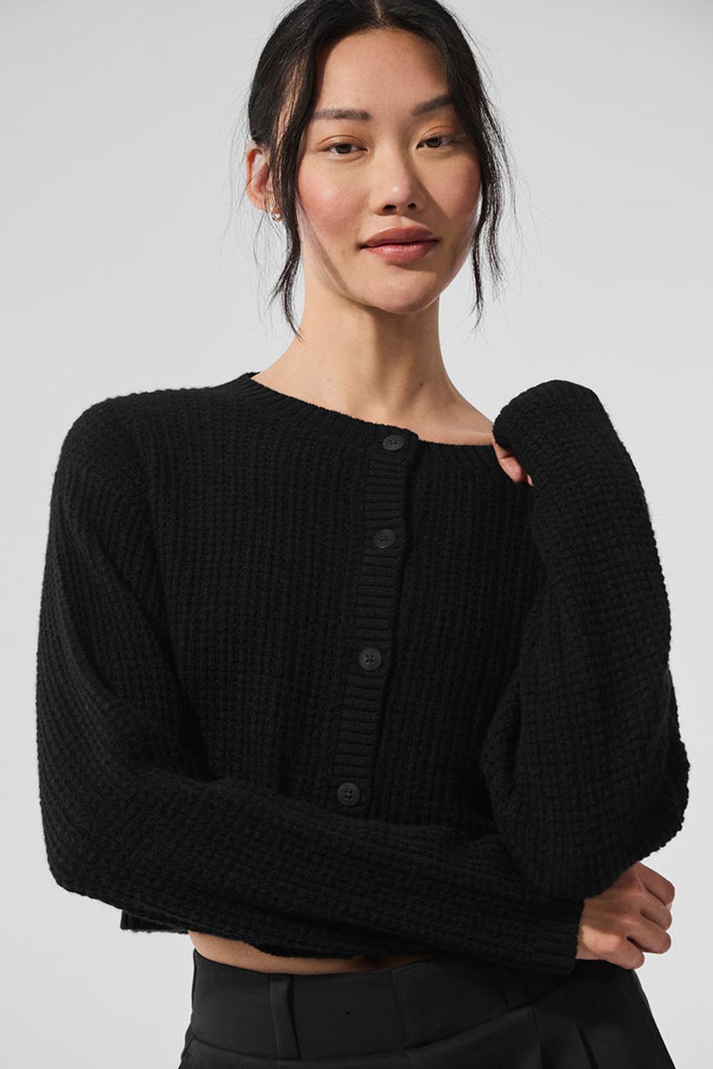 Cardigan γυναικεια Alo Yoga Cashmere Plush Waffle μαυρα | Greece  OVFUB-8954