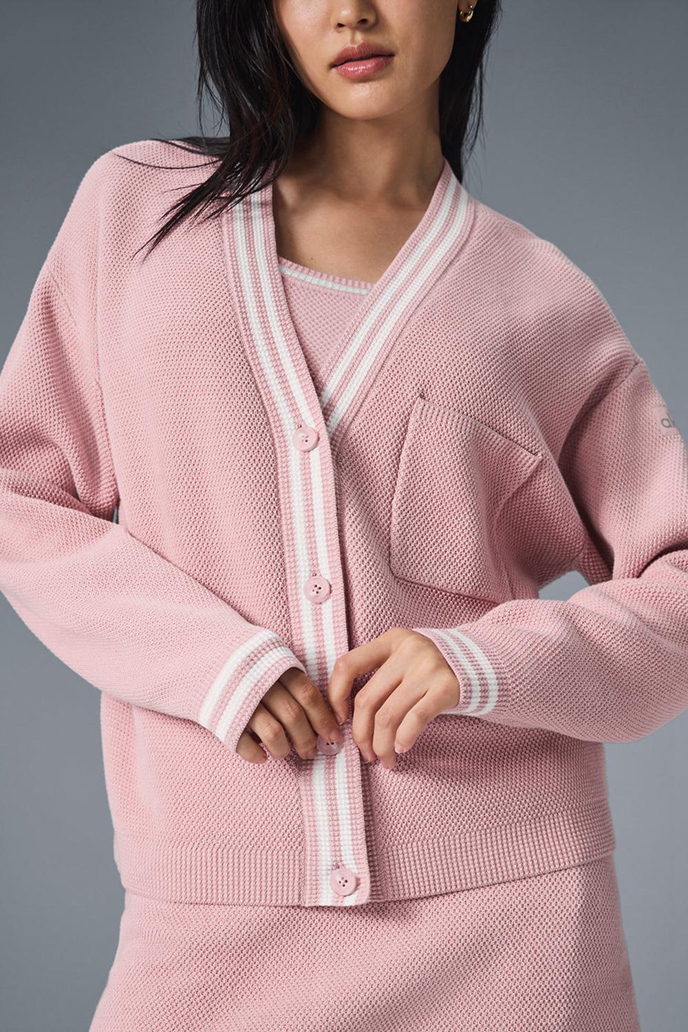 Cardigan γυναικεια Alo Yoga Tennis Club Sweater Knit ροζ ασπρα | Greece  YPDBZ-2183