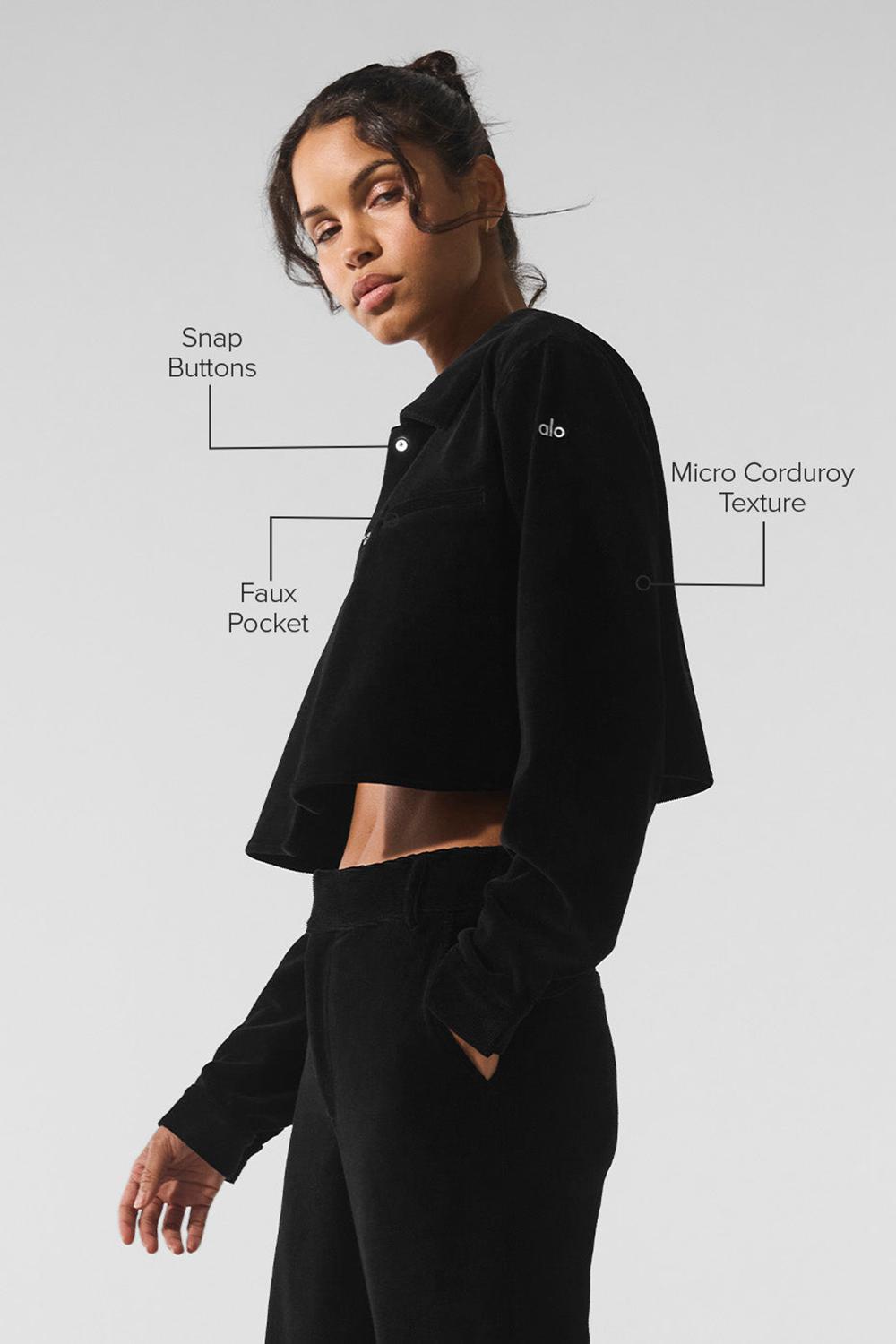 Cropped Tops γυναικεια Alo Yoga Micro Corduroy Dreamer Button Down μαυρα | Greece  VNUXR-0436