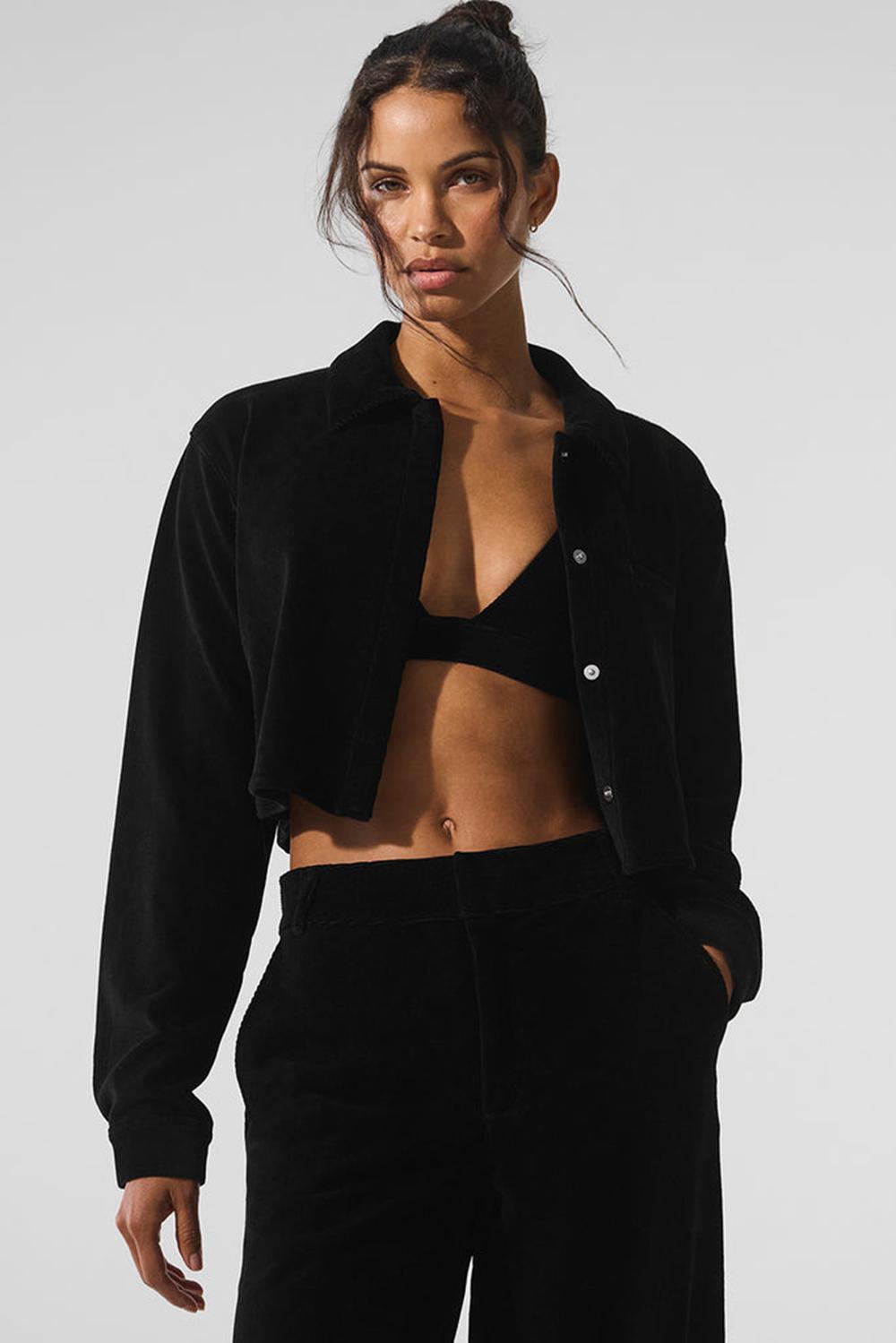 Cropped Tops γυναικεια Alo Yoga Micro Corduroy Dreamer Button Down μαυρα | Greece  VNUXR-0436