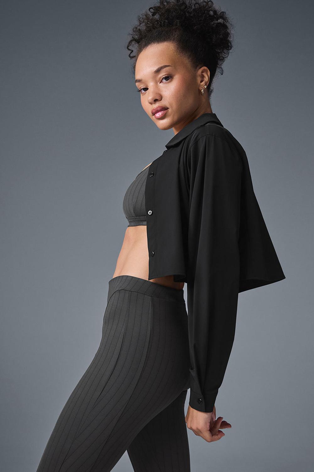 Cropped Tops γυναικεια Alo Yoga Take Me Out Button Up μαυρα | Greece  KHUXA-1984