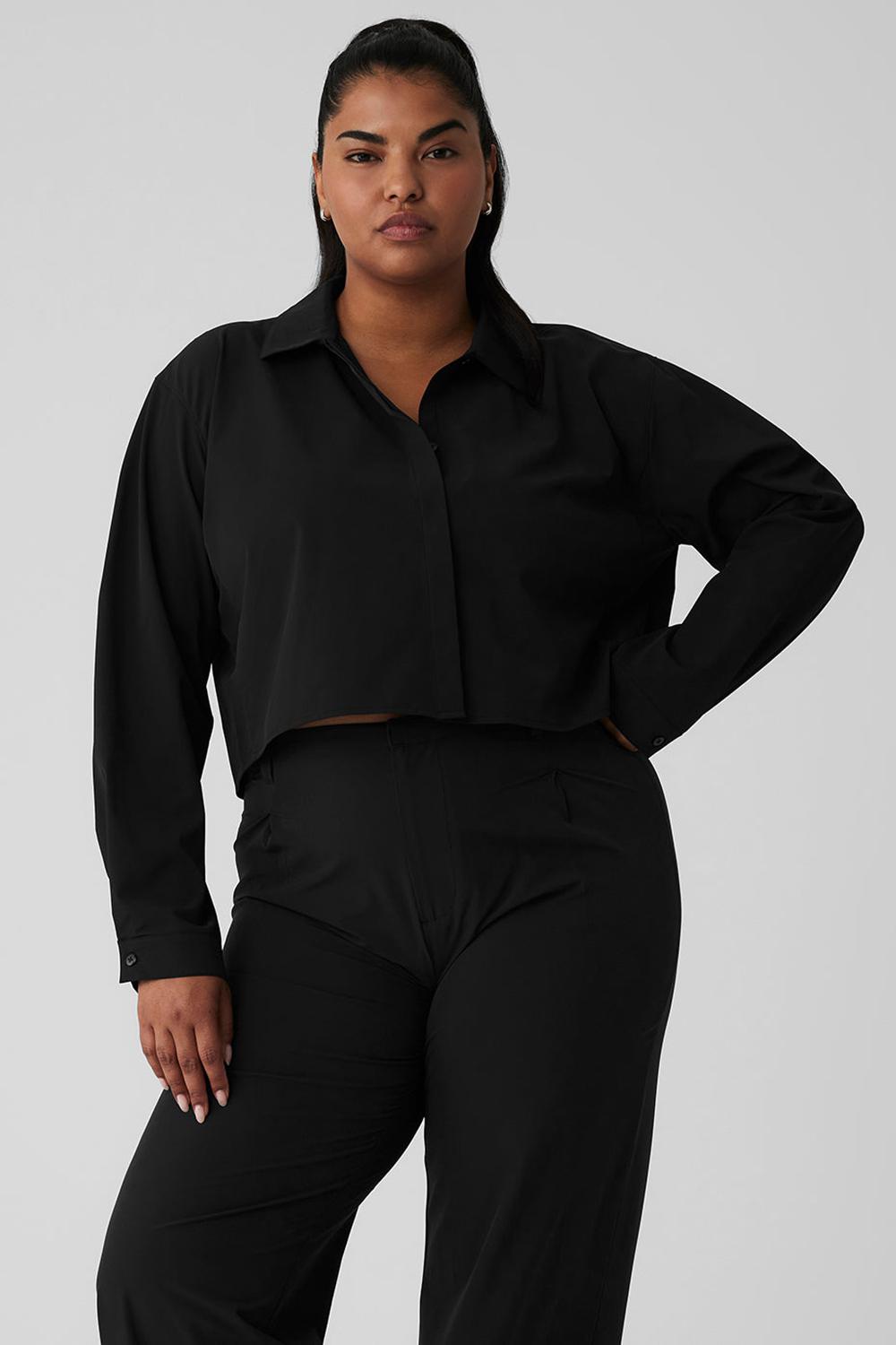 Cropped Tops γυναικεια Alo Yoga Take Me Out Button Up μαυρα | Greece  KHUXA-1984
