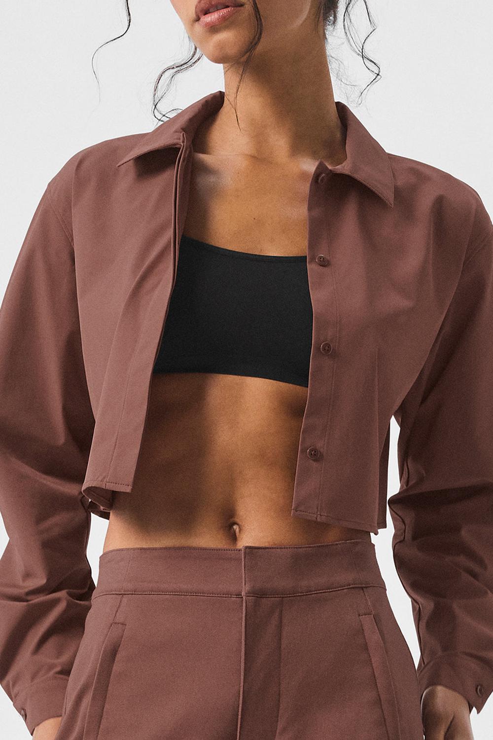 Cropped Tops γυναικεια Alo Yoga Take Me Out Button Up Chestnut | Greece  YTXKA-6012